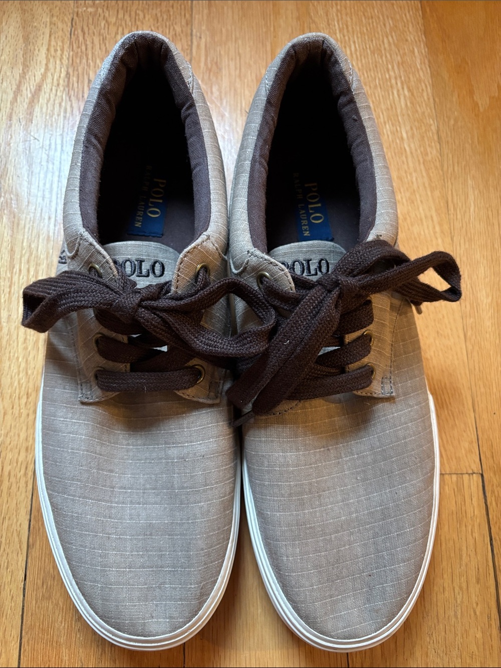 Polo by Ralph Lauren Men’s Taupe Canvas Lace-Up Sneakers with Dark Brown Laces